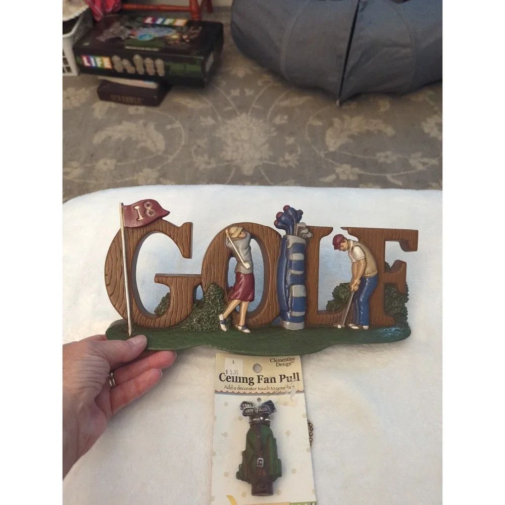 Vintage 1998 Home Interiors GOLF 18th Hole Wall Plaque & Golf Bag Fan Pull
